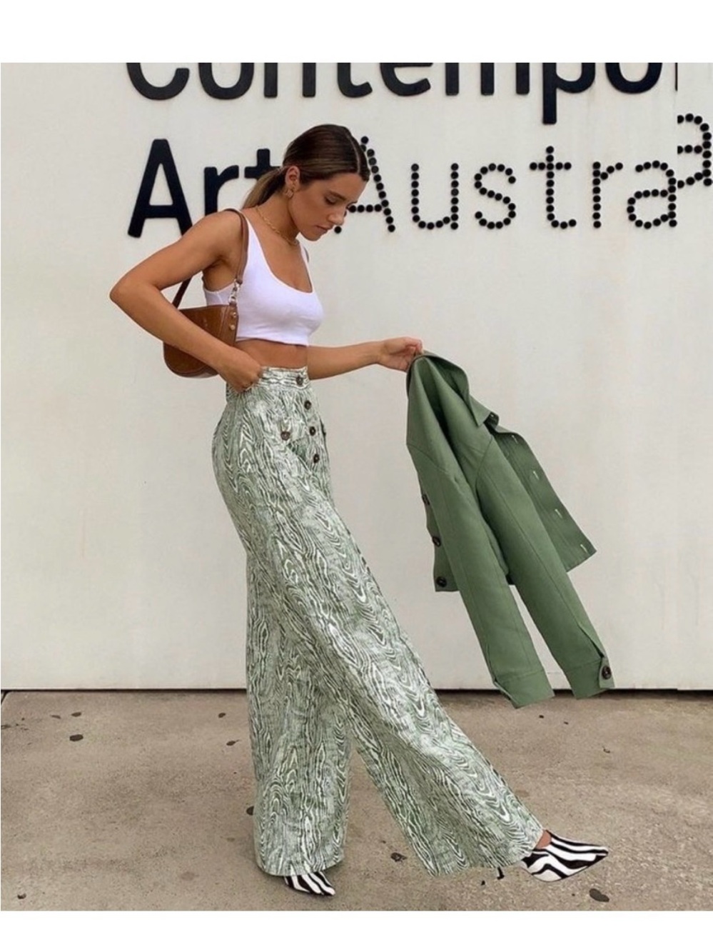 NWT SOLD OUT - Anthropologie High-Waist, Wide-Leg Printed Pants - Sage Green